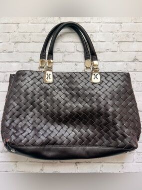 Cole Haan Dark Brown Woven Leather Shoulder Bag with Silver Hardware